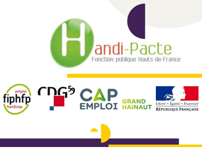 Logo Handi-Pacte et logs du FIPHFP du CDG59 de CAP Emploi Grand Hainaut et du Ministère