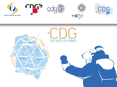 Logo des CDG Hauts de France avec les logosdes CDG 02 59 60 62 et 80 avec l'illustration d'un personnage tendant un micro